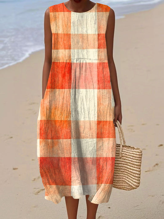 Vintage Abstract Geometric Art Print Sleeveless Cotton Pocket Wrap Dress