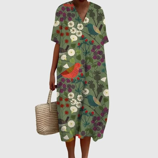 Woodland Songbird Print Midi Dress