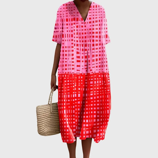 Grid Pop Two-Tone Midi Dress