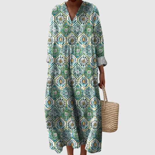 Mediterranean Tile Print Maxi Dress