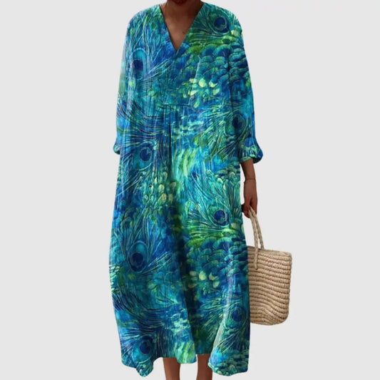 Peacock Feather Flow Maxi Dress